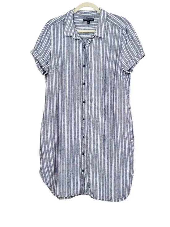 Banana Republic Black White Linen Blend Stripe Midi Shirt Dress Sz 16 pockets - Picture 3 of 10